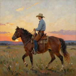 Cowboy riding on the frontier at sunset. Painting by Remington, oil on canvas