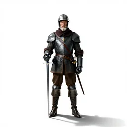 elderly musketeer with rapier, cinematic studio photo, full body, standing, isolated on a pure white background, centered, whole figure in frame, sharp focus, studio lighting