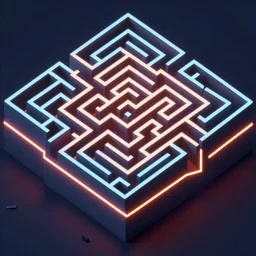 detailed complex layered neon isometric labyrinth maze