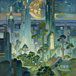 A beautiful landscape painting of cyberpunk landscape by Alfons Maria Mucha and Don Bluth and Makoto Shinkai