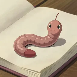 ultra realistic illustration, small cute earth worm in a book! anime, intricate, elegant, highly detailed, digital painting, artstation, concept art, smooth, sharp focus, illustration, art by hayao miyazaki