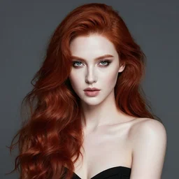 perfect glamour model, long red wavy hair, pale skin, dramatic, strong, photographic