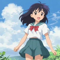Anime key visual of a school girl; typography; official artwork; cute; summer; upbeat; drawn by drawn by Yoshitaka Amano