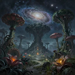 beautiful low angle painting of ab alien world with unknown plants and trees, and giant flowers, with galaxies and stars in the sky, moody atmosphere, epic composition, dramatic lighting, trending on artstation, octane render, by don bluth