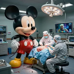 graphic art of brain surgery in garage, huge float mickey mouse decaying!! in claw center left, mechanic surgeon astronauts, beeple movie still, zombie