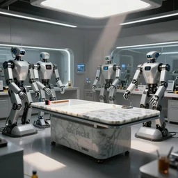 futuristic robot repair workshop, total recall tech, marble block operating table in the center,