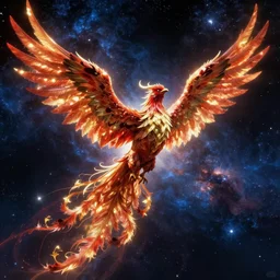 a cosmic phoenix, wings spread, soaring through the cosmos by yusuke murata