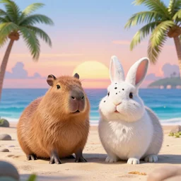 “two best friend capybara and bunny with black spots on face and nose, on a beach with blue water and white sand, swaying palms, photorealistic render, colorful sunset, unreal engine 5, dynamic lighting, trending on artstation,”
