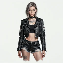portrait sasha rose as a tattooed cyberpunk girl, wearing scratched and ripped leather shorts and a short jacket full of stamps and stitches, character sheet, fine details, concept design, contrast, brigitte bardot, kim jung gi, greg rutkowski, trending on artstation, 8 k, full body, turnaround, front view, back view, ultra wide angle