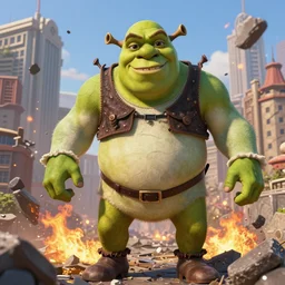 a giant giga sized Shrek from final fantasy 7 remake having fun destroying a city while smiling, digital art, octane render, award winning, very detailed, full body portrait, 3d render, detailed facial expressions, destroyed city, 4k destruction, fire, video game art, no text, ray tracing