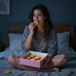 woman sitting in bed, eating cookies out of a box on a dark night, concept art, highly detailed, artstation