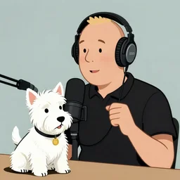 tintin wearing headphones and speaking into big microphone, podcast! white terrier, drawn in the style of jean giraud!!
