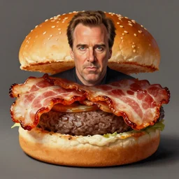 ultra detailed kevin bacon on a slice of bacon in a hamburger rendered by octane digital painting inspired by arcimboldo