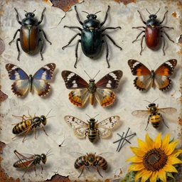 a contact sheet of strange giant insects arranged in a grid, beetles, spiders, butterflies, moths, wasps, bees, maggots, locusts and flies, oil painting by max ernst and anselm kiefer, decay, mixed media, textured, sharp focus, highly detailed, photographic emulsion cracked and peeling, rust, wire, sunflowers, nails, cinematic lighting, 8 k, hd