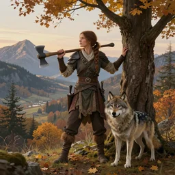 a warrior woman in rests an axe on her shoulder, she is grabbing a nearby tree, looking onto the horizon, next to her is a wolf companion, fall, mountain landscape, portrait by magali villeneuve, ames jean and artgerm and greg rutkowski and alphonse mucha and craig mullins and james jean and andrei riabovitchev and marc simonetti and peter mohrbacher 4 k, artstation, realistic, magic the gathering