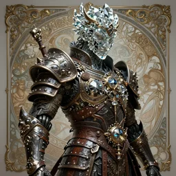 asura from chinese myth, ghost, luxurious armor mixed with leather and metal, gothic diablo art, rococo art, cyberpunk, mecha, halfturn portrait of a big crystal face made of crystals half - turn, ominous, intricate, studio, art by anthony macbain + greg rutkowski + alphonse mucha, concept art, 4 k, sharp focus