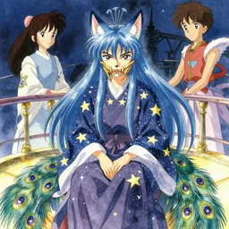watercolor portrait from an anime of an ethereal colorful blue starry fox peacock character with giant golden demonic fangs, wearing star filled mage robes, sitting in an illuminated observatory at night, art by yuji ikehata, background art by miyazaki and art guidance from the last unicorn company rankin bass, realism, detailed, proper human proportions, fully clothed