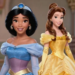 gorgeous disney princess jasmine and princess belle, professionally retouched, muted colors, soft lighting, realistic, smooth face, full body shot, torso, dress, perfect eyes, sharp focus on eyes, 8 k, high definition, insanely detailed, intricate, elegant, art by j scott campbell and artgerm