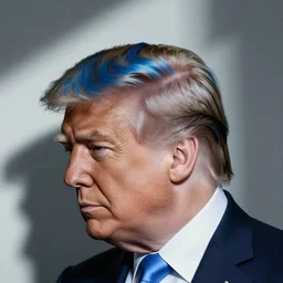 press photo of donald trump, with a trendy hip tiktok hairstyle side burns fauxhawk gelled blue, soft studio lighting