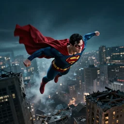 superhero flying at a destroyed city, dark image, great lighting, cinematic.