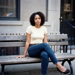 a 35mm photograph of a woman sitting on a bench in Harlem, New York City in the 1960's at sunset, bokeh, Canon 50mm, cinematic lighting, photography, retro, film, Kodachrome, award-winning, rule of thirds, golden hour