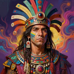 portrait of jesse eisenberg, hyper detailed ultra sharp aztec shaman warrior. trending on artstation, warpaint aesthetic, bloodwave, colorful, psychedelic, ornate, intricate, digital painting, concept art, smooth, sharp focus, illustration, art by artgerm and greg rutkowski and h. r. giger, 8 k