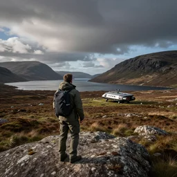 space tourist visiting the beautiful Isle of Harris, Scotland, a spaceship in the background, photorealistic