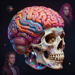 beautiful matte painting of psychedelic brain in a glittering skull by dan mumford and alex gray and lisa frank, HDR, vivid color, CGsociety