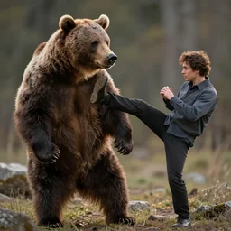 photo, A man kicking a bear.