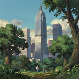 bonifacio global city skycrapers, beautiful ancient trees, serene evening atmosphere, soft lens, soft light, cel - shading, animation, in the style of cgsociety, deviantart, artstation, zbrush, cinema 4 d, studio ghibli, akihiko yoshida, atelier lulua, masamune shirow