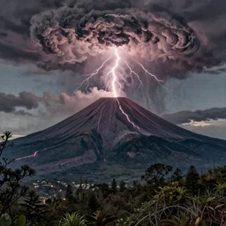 volcano explosion lightning ash cloud tall mountain in the style of Ansel Adams, Thomas Cole and Gustave dore