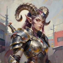 Greg Manchess portrait painting of a large-horned demonic girl, devil armored character from league of legends, medium shot, asymmetrical, profile picture, Organic Painting, sunny day, Matte Painting, bold shapes, hard edges, street art, trending on artstation, by Huang Guangjian and Gil Elvgren and Sachin Teng