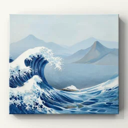 a painting of waves in the ocean with mountains in the background, canvas, acrylic paint, by utagawa hiroshige, by andy warhol, pixiv