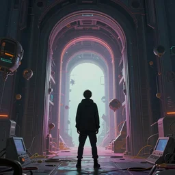 a person standing in front of a portal, cyberpunk, epic surrealism, detailed digital matte painting in the style of simon stalenhag, josan gonzalez, artstation, psychedelic