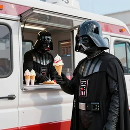 darth vader ordering ice cream from an ice - cream truck, high definition, unreal engine rendering