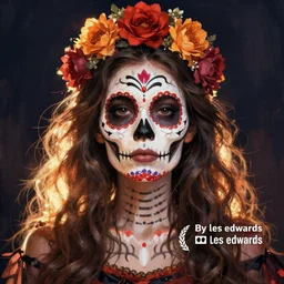 Illustration of a sugar skull day of the dead girl, art by les edwards
