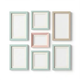 pastel gallery wall frame set, 8k product photo, isolated on a pure white background, centered, entire object in frame, sharp focus, soft studio lighting