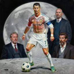 cristiano ronaldo playing soccer on the moon, portrait by john william waterhouse and edwin longsden long and theodore ralli and nasreddine dinet, oil on canvas. cinematic, vivid colors, hyper realism, realistic proportions, dramatic lighting, high detail 4 k