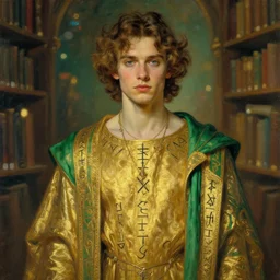 portrait of evan peters in gold - green robes, runes, jewelry, mystical, ethereal, magical library bokeh, painting by greg rutkowski and alphonse mucha