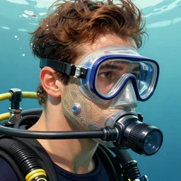 portrait of a male diver with a oxygen mask intricate detailed mask with front profile by MARVEL comics and Sandra Chevrier