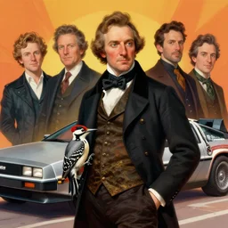 formal portrait of john james audubon, posing with woodpecker. digital art by eugene de blaas, ross tran, and nasreddine dinet, vibrant color scheme, delorean background, intricately detailed, in the style of romanticism. artstation, greg rutkowski