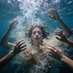 humans hide in the underwater, feedback loop , burst of powders ,volumetric lighting, twisting vapour, bellowing dust , emerging hands and beautiful woman’s face , full colour , upscale , 4k