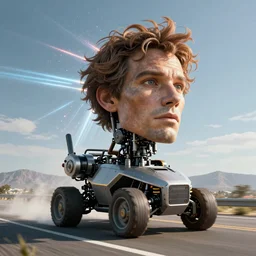 very detailed of a giant head of David Copperfield on the top of a robotic vehicle with wheels running on a californian highway, rays of light, particles light, kuvshinov ilya, unreal engine, by sasha kalinkin