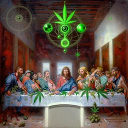 hyper realistic portrait painting of the last supper ( intricate detail, hot neon green ornaments, marijuana leaves ) wet, marijuana buds, by saturno butto, boris vallejo, austin osman spare and david kassan, by bussiere. occult art, occult diagram, red and green color scheme.