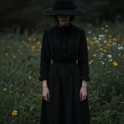 a girl standing in a field, wearing black old dress and hat, detailed hands, by andrea kowch, andrea kowch, dark, scene, magicrealism, flowers in background,