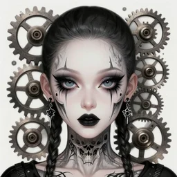 tools, gears, creatures, beautiful portrait goth girl, big eyes,, face color tattoo scull, balt head, sharp focus, smooth, digital illustration, by mcbess, dore, symmetry, by alexander mcqueen, trending on artstation