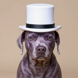a purple dog wearing a white top hat