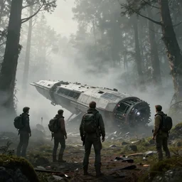 wary explorers coming across a spacecraft crashed on desolate foggy forest planet, concept art, artstation, cgsociety, volumetric lighting, detailed, cinestill, directed by neill blomkamp