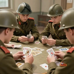 Four French Soldiers playing cards at a table, Second World War, 4k, smooth, highly detailed, sharp focus, anime, close-up shot