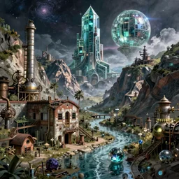 a beautiful photorealistic render of valley abandoned building industrial architecture by pieter bruegel the elder, cosmic bioshock san andreas universe scumm bar water gem steampunk made of glass apocalyptic, archdaily, wallpaper, highly detailed, trending on artstation.